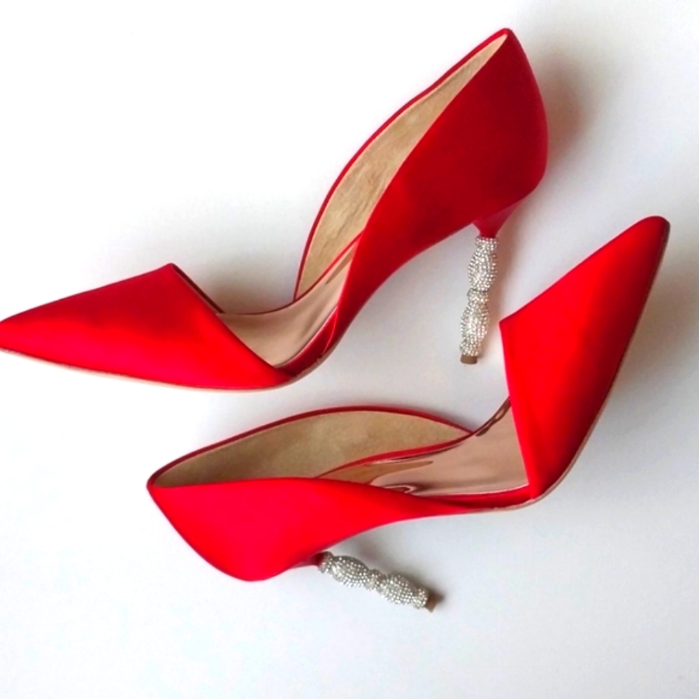 BADLEY MISCHKA Pump The Emily in Red Satin & Crystal Rhinestone Heel Size 12 M